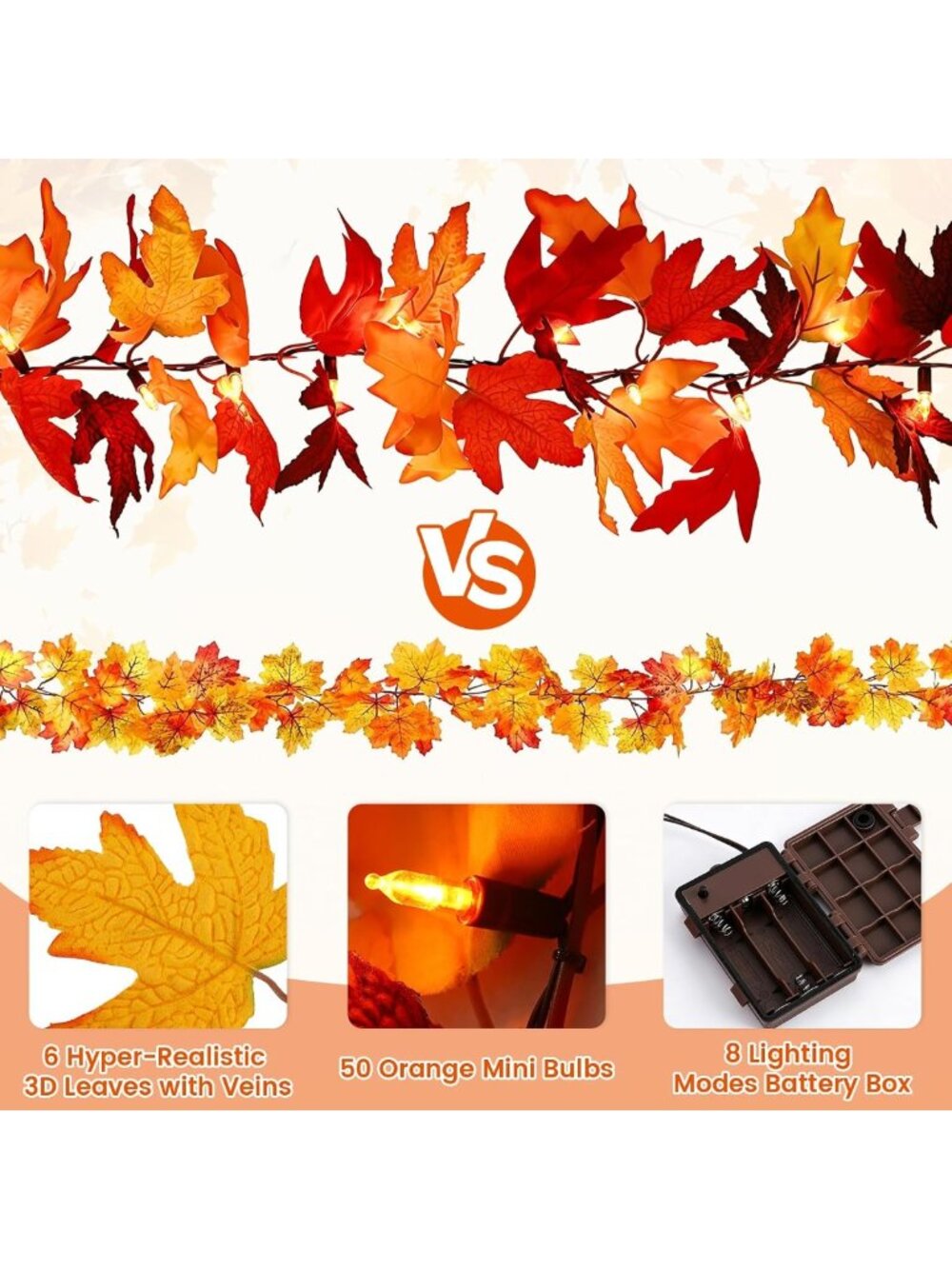 12Ft LED Fall Garland with 50 Lights, 8 Modes, Waterproof Maple Leaf Decor - Picture 3 of 7